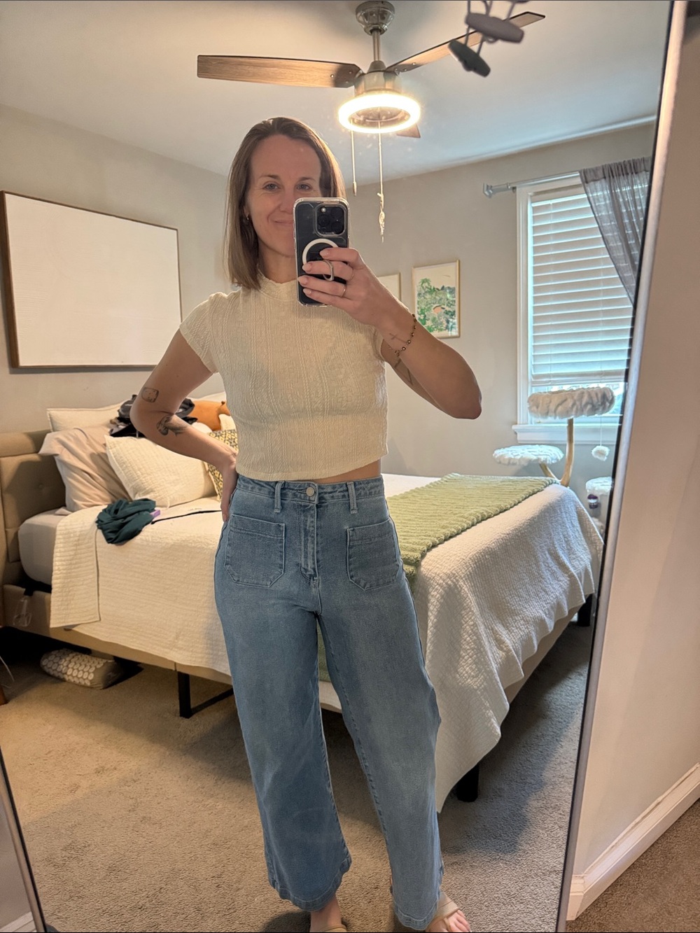 Cream Short-Sleeve Knit Crop Top